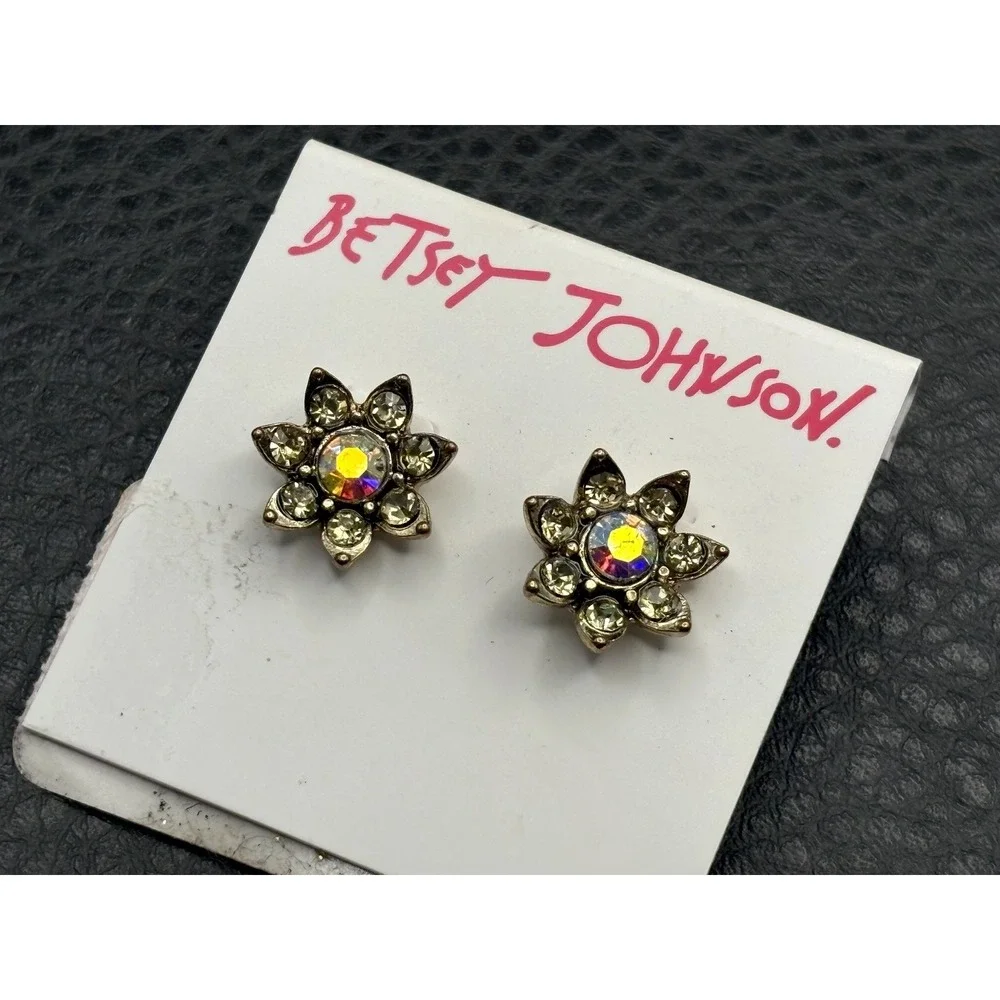 Betsey Johnson Gold Tone Aurora Borealis Crystal Flower Stud Earrings